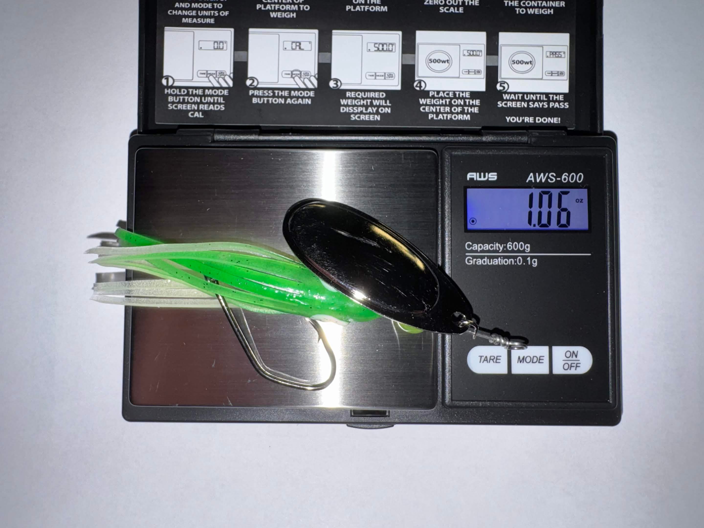 SRT Inline Salmon Spinner weighing 1 oz on scale