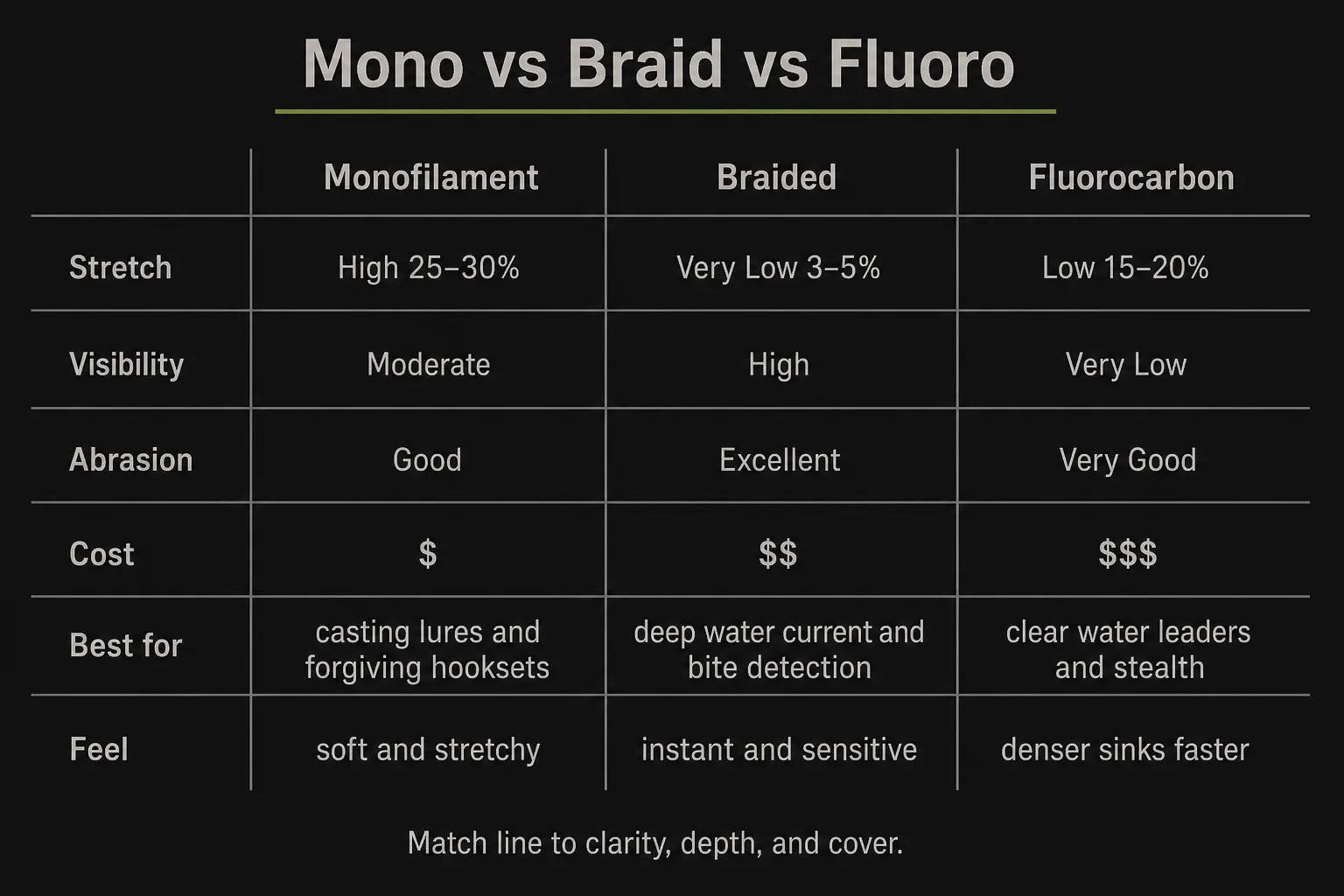 Mono vs braid vs fluoro comparison with stretch, visibility, cost, and best uses