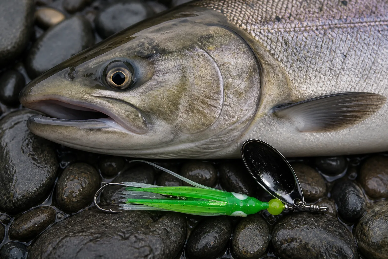 Chinook salmon beside an SRT inline spinner with black blade and green hoochie